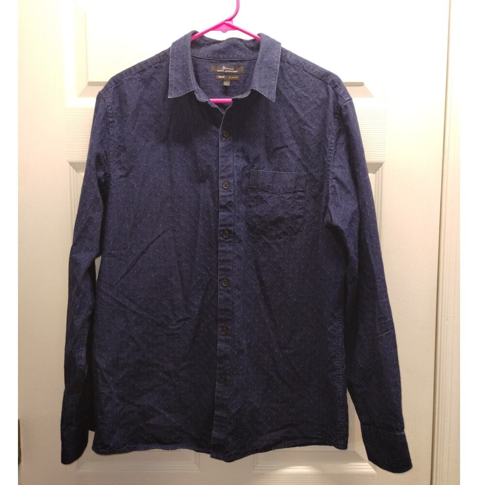 Marc Anthony Men's Size Large Luxury Slim Fit Blue Button-Up Textured Shirt